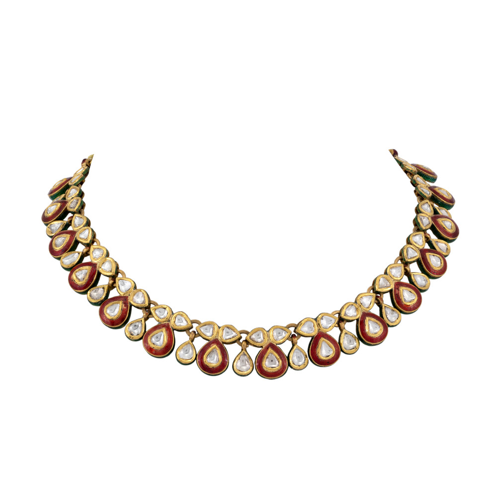 Teardrop Polki Necklace with Red Meenakari Accents